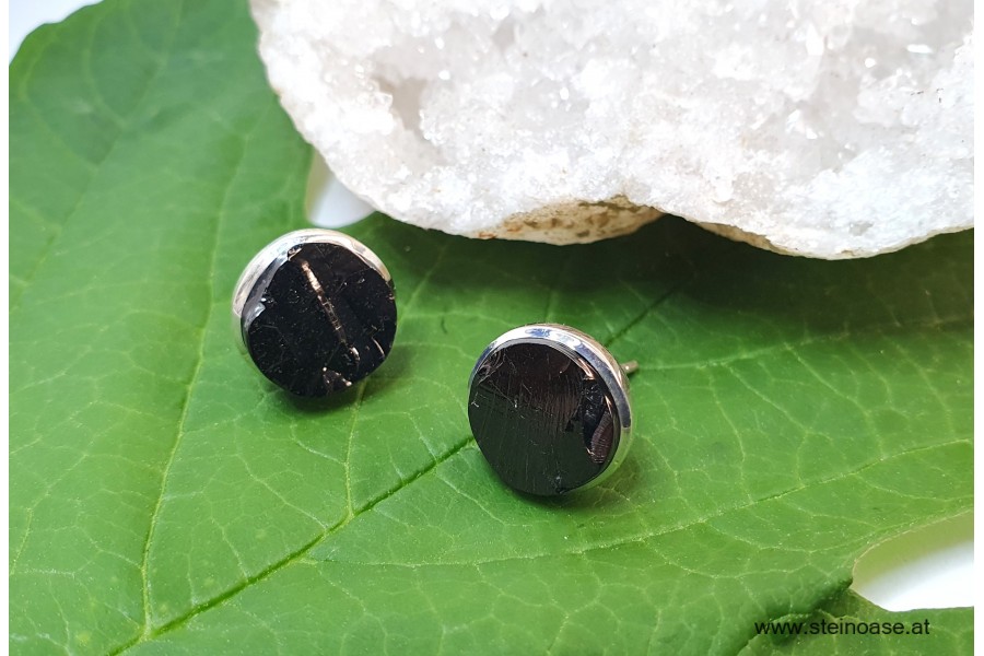 Ohrstecker Edel-Schungit mit Silberfassung, Natur, 12mm